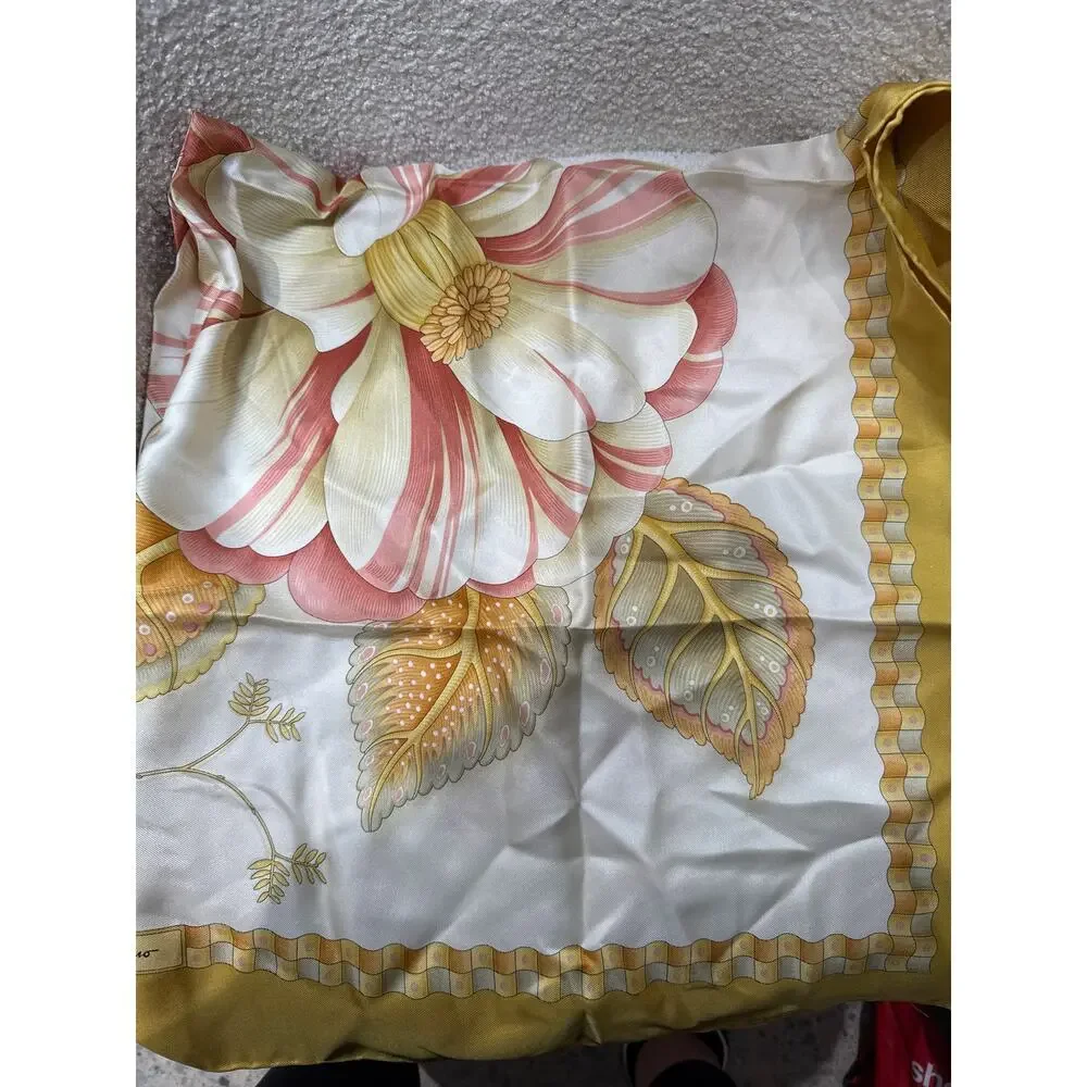 Salvatore Ferragamo Silk Scarf Floral Print Gold Border 34” Square Vintage Italy